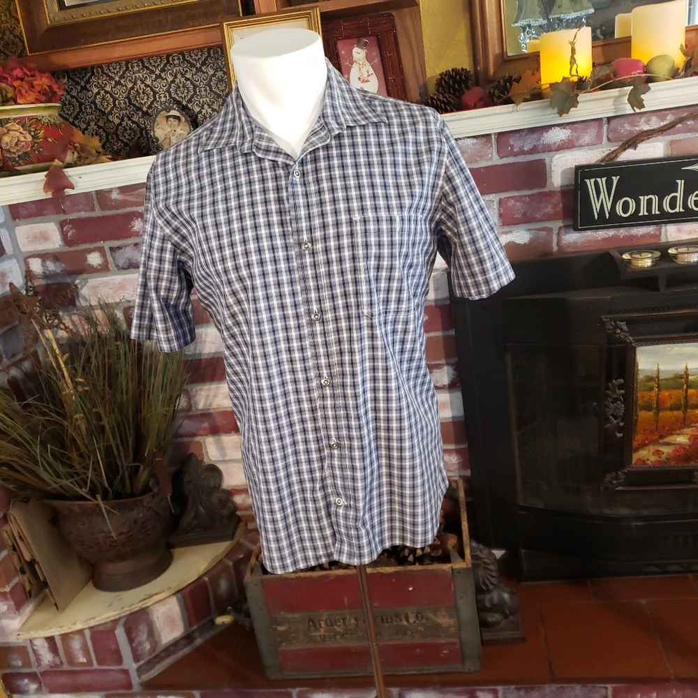 MAKER & CO BLUE PLAID 100% COTTON SHORT SLEEVE M